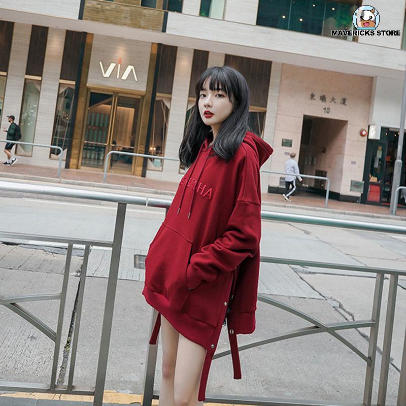 Áo hoodie dày dáng rộng màu đỏ thời trang mùa thu cho nữ