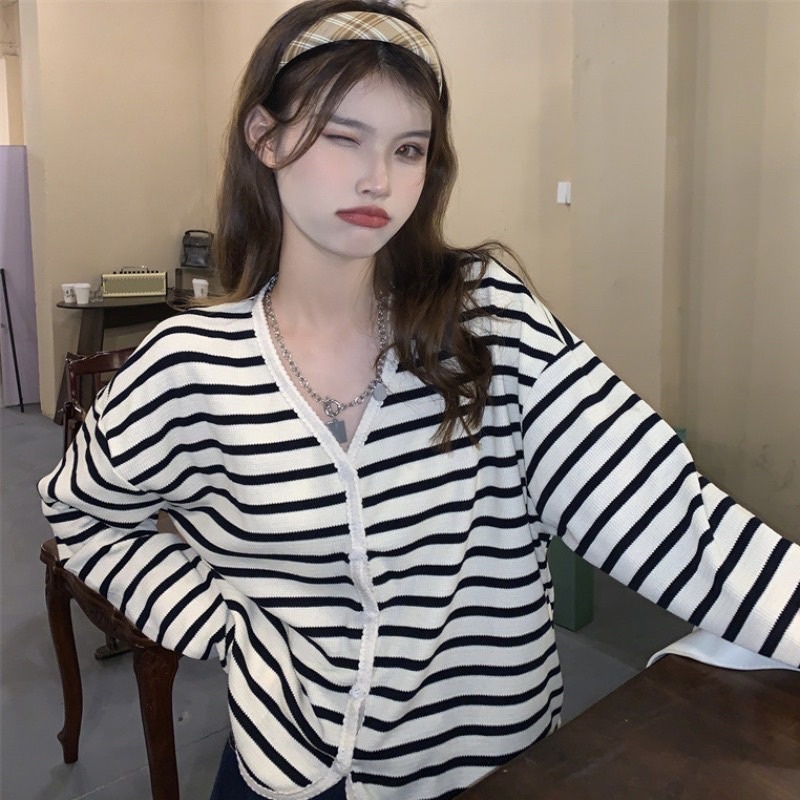áo khoác cardigan cổ V viền ren dệt kim tay dài họa tiết kẻ sọc thời trang thanh lịch dành cho nữ hàng Quảng châu