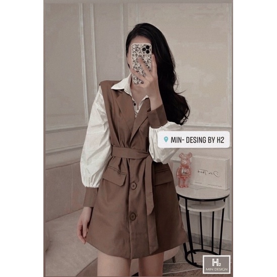 Set 2 món áo sơ mi phối váy kèm đai thắt