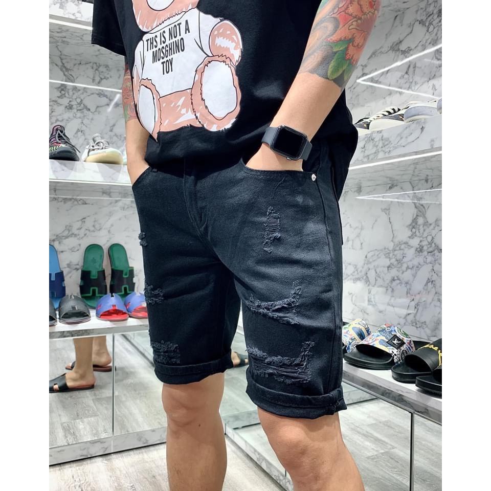 Quần short jean nam đen rách thêu rắn chất bò vải dày cao cấp AHFASHION