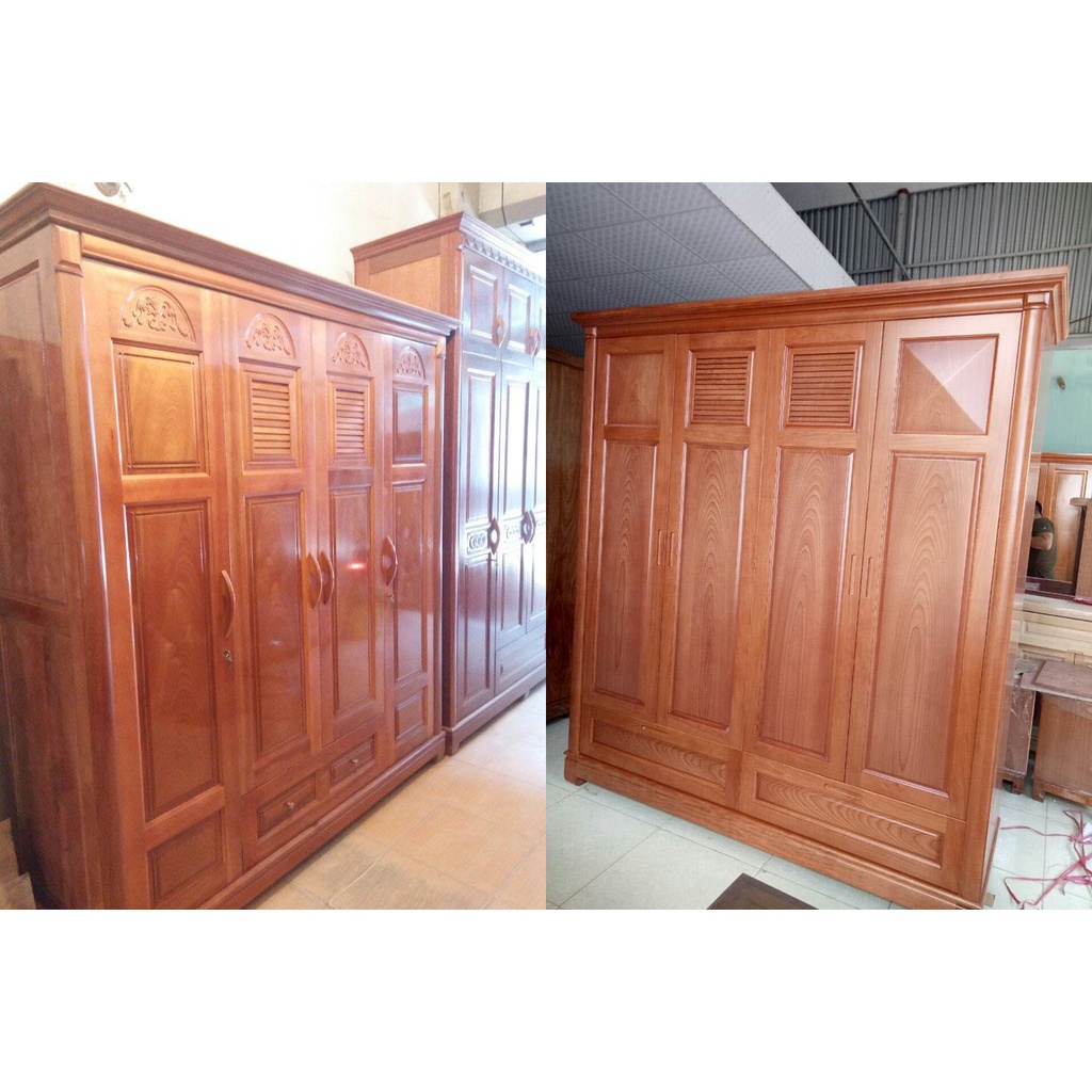 Tủ áo 4 cánh gỗ xoan đào , tủ đựng quần áo gỗ , tủ áo gỗ 1m8 màu đỏ