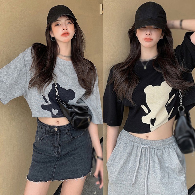 Áo Thun Ngắn Tay Dáng Rộng Eo Cao In Hình Gấu Thời Trang Mùa Hè Hàn Quốc