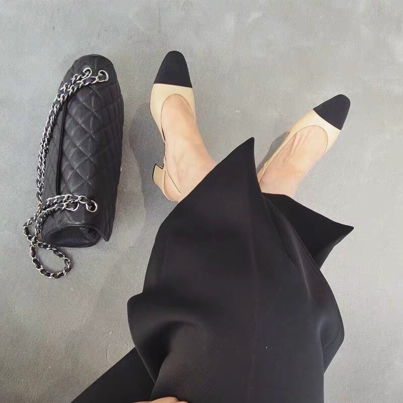 Giày cao gót nữ đế vuông vá mũi hở eo gót dáng slingback khuyết eo thời trang tinh tế thanh lịch