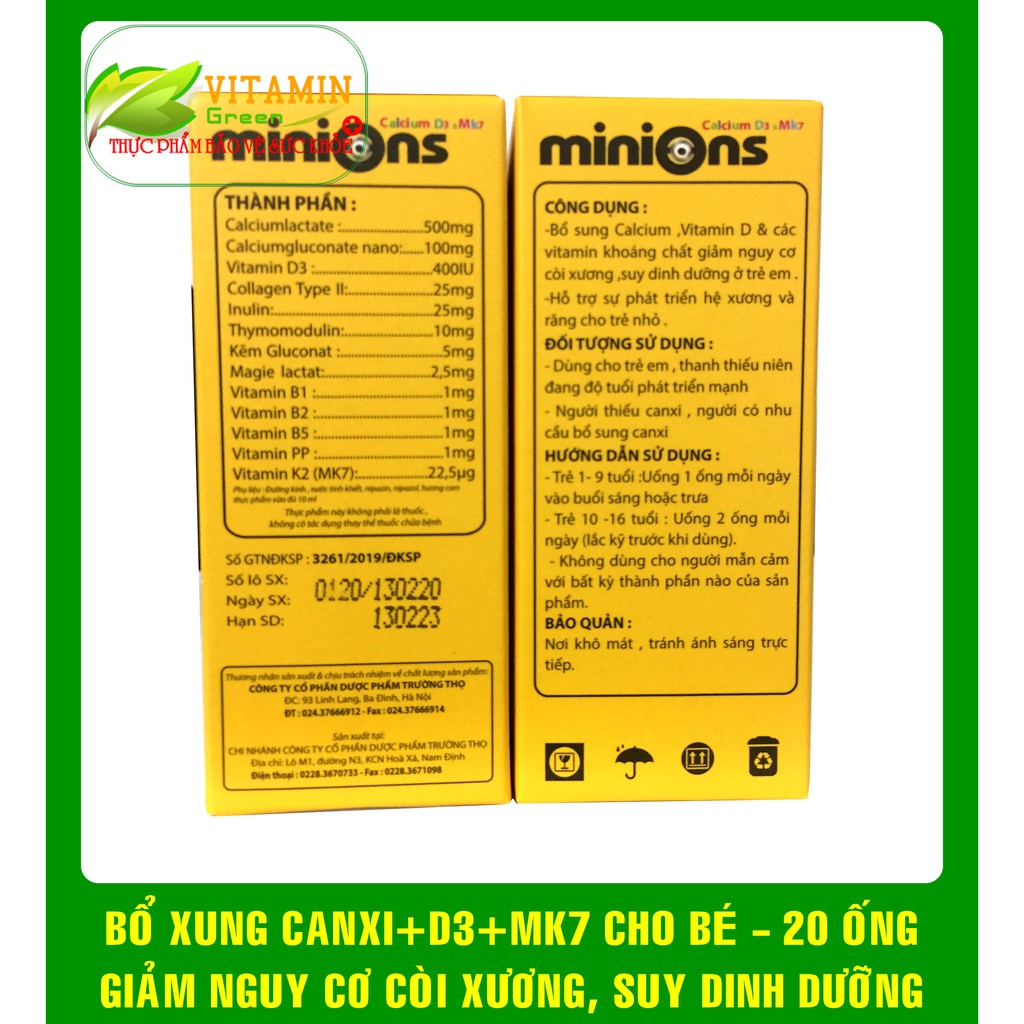 MINIONS CALCIUM D3 VÀ MK7 GIÚP HỖ TRỢ PHÁT TRIỂN XƯƠNG, RĂNG CHO BÉ 20 ỐNG