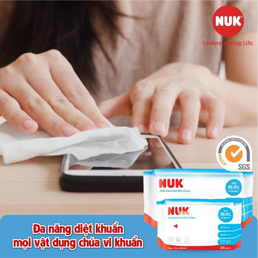 KHĂN ƯỚT DIỆT KHUẨN 99.9% NUK BẢO VỆ BÉ (20 TỜ/GÓI) NUK ANTIBATERIAL WIPES, 20 PCS/BAG