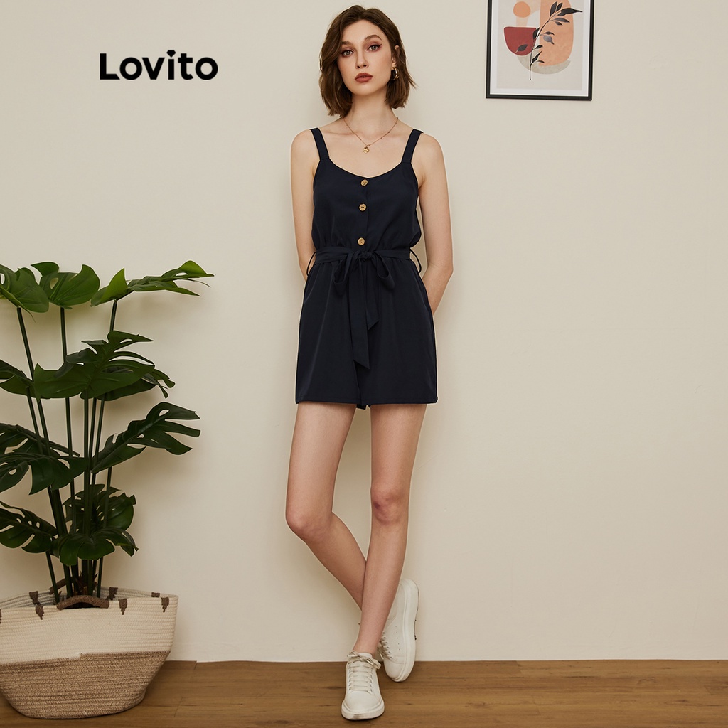 Áo liền quần Lovito phối thắt lưng/ túi/ dây/ nút màu trơn phong cách preppy L19D035 (Màu xanh lam)