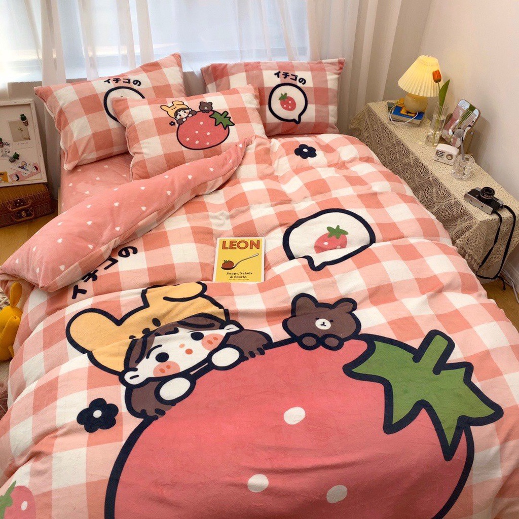 Bộ Chăn Ga Nỉ Nhung 5D Mịn Hoạ Tiết Cho Bé