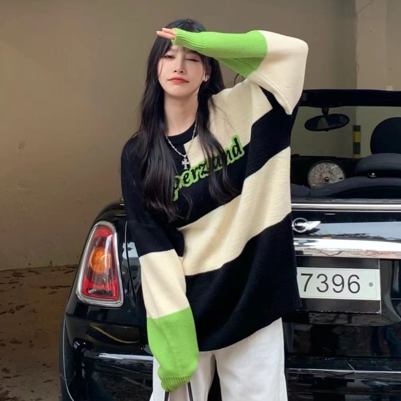 Áo Len Tay Dài Màu Sắc Tương Phản Phong Cách Hàn Quốc