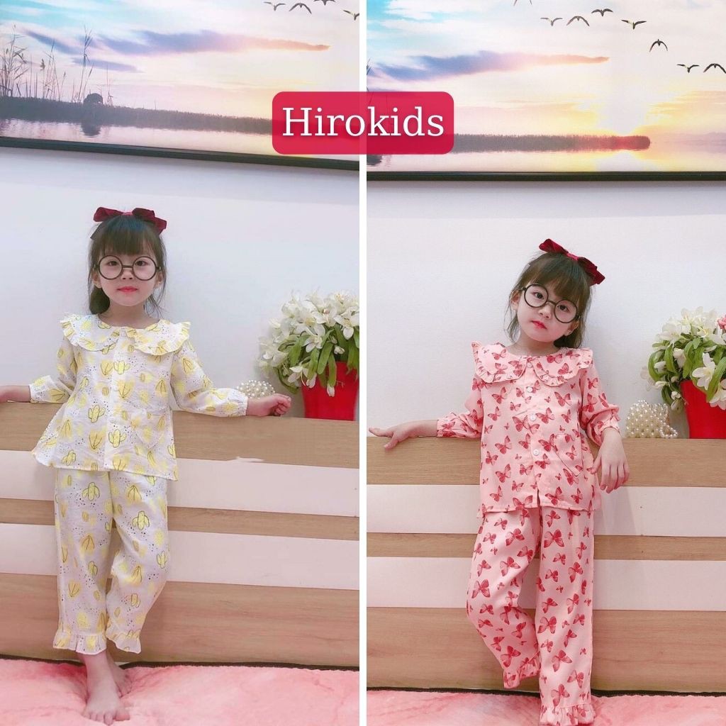 Đồ bộ Pijama bé gái kiểu dáng bánh bèo chất vải đũi họa tiết dễ thương (10-22kg) - Hirokids