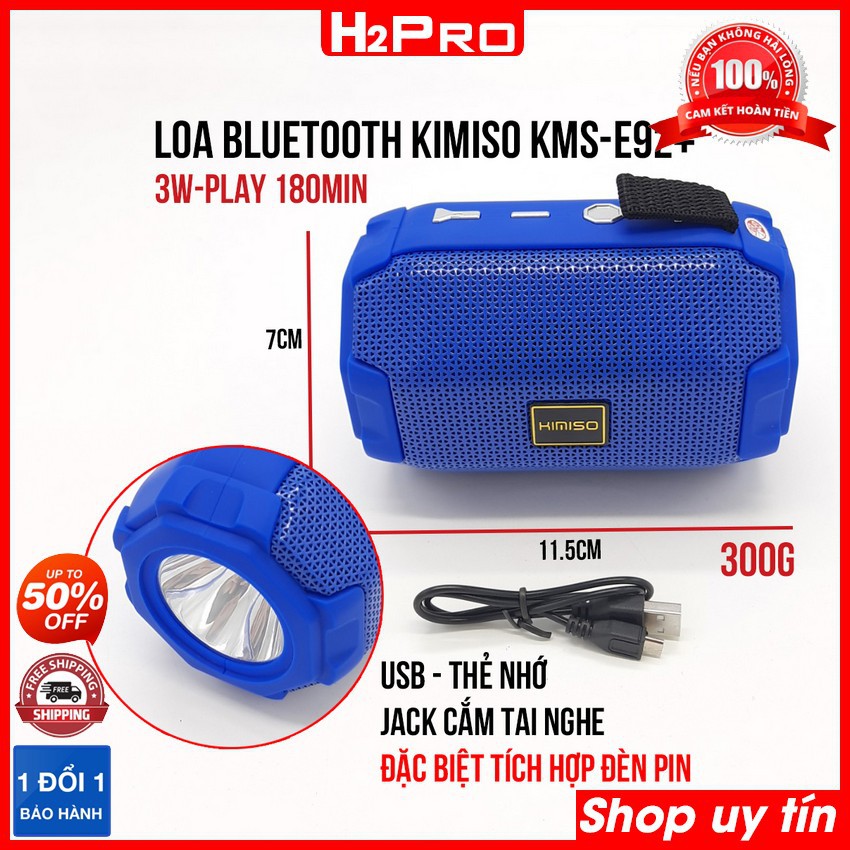 Loa bluetooth mini Kimiso E92+ 2020 H2PRO, loa bluetooth giá rẻ có USB-Thẻ nhớ, tích hợp jack tai nghe-đèn pin