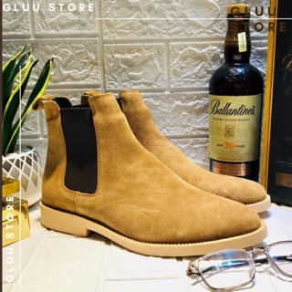 Giày Chelsea Boots da bò lộn màu nâu đế crepe vàng sang trọng
