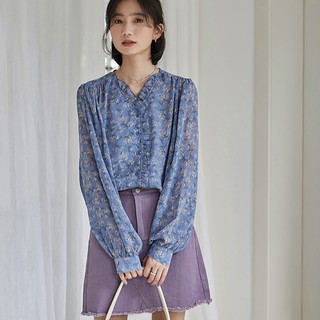 Áo sơ mi voan tay dài cánh sen in hoa phong cách hàn quốc 40748