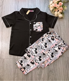 Bộ Lụa Satin Mickey Tay Ngắn Quần Dài