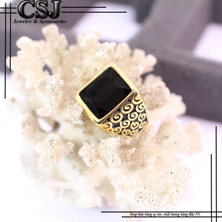 NHẪN NAM INOX MẠ VÀNG ĐÁ ĐEN HỌA TIẾT XOẮN ỐC TRẺ TRUNG - tặng hộp đựng nhẫn xinh xắn