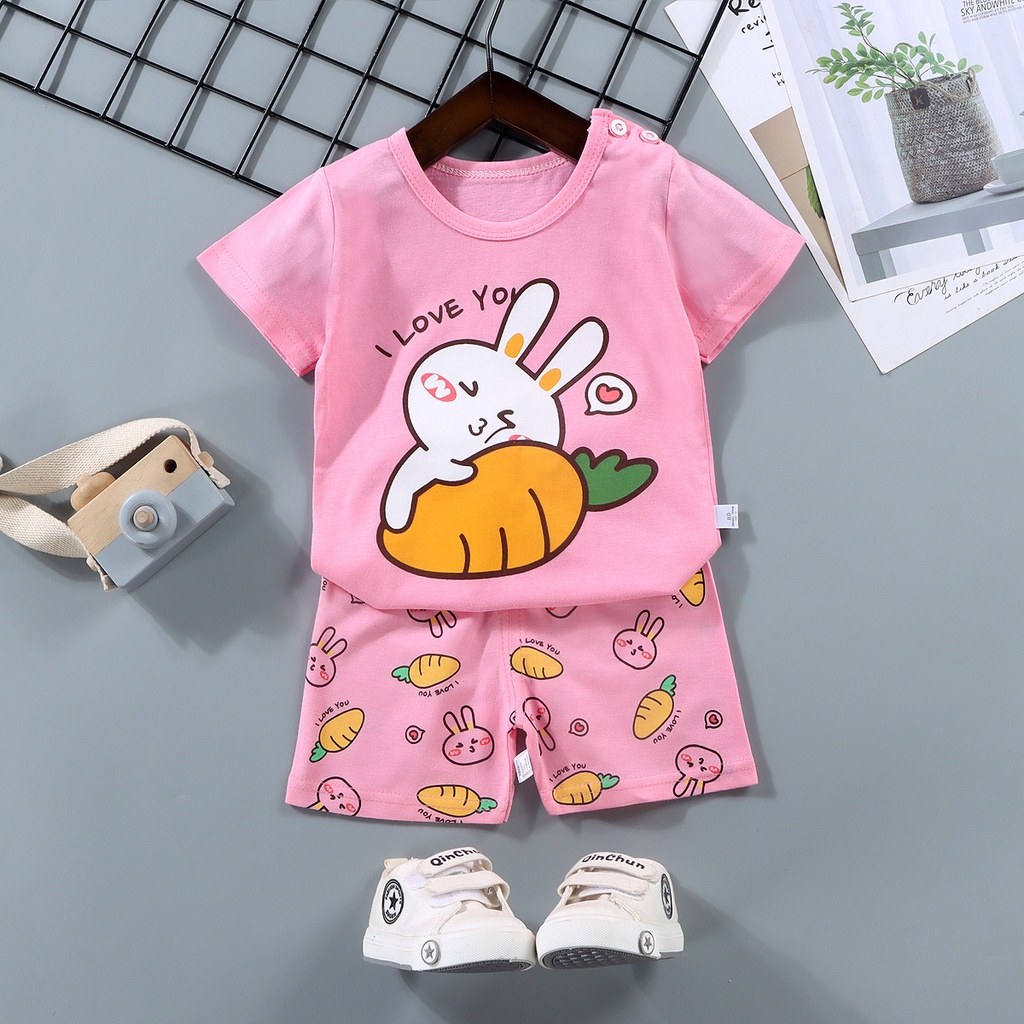 Bộ Áo Thun Tay Ngắn Và Quần Ngắn Bằng Cotton Nguyên Chất Thời Trang Mùa Hè Dành Cho Bé Gái 2177