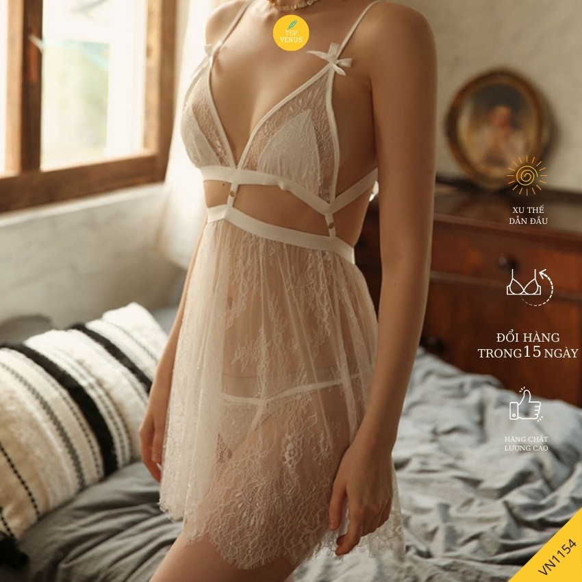Váy Ngủ Sexy Xuyên Thấu Von Ren Buộc Nơ Màu Đen TEP VENUS VN1154