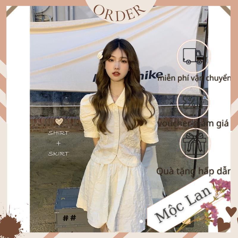 (MộcLan ORDER) Set áo sơ mi tay phồng búp bê + Chân váy xòe ngắn bồng bềnh style nhẹ nhàng tiểu thư Hàn Quốc