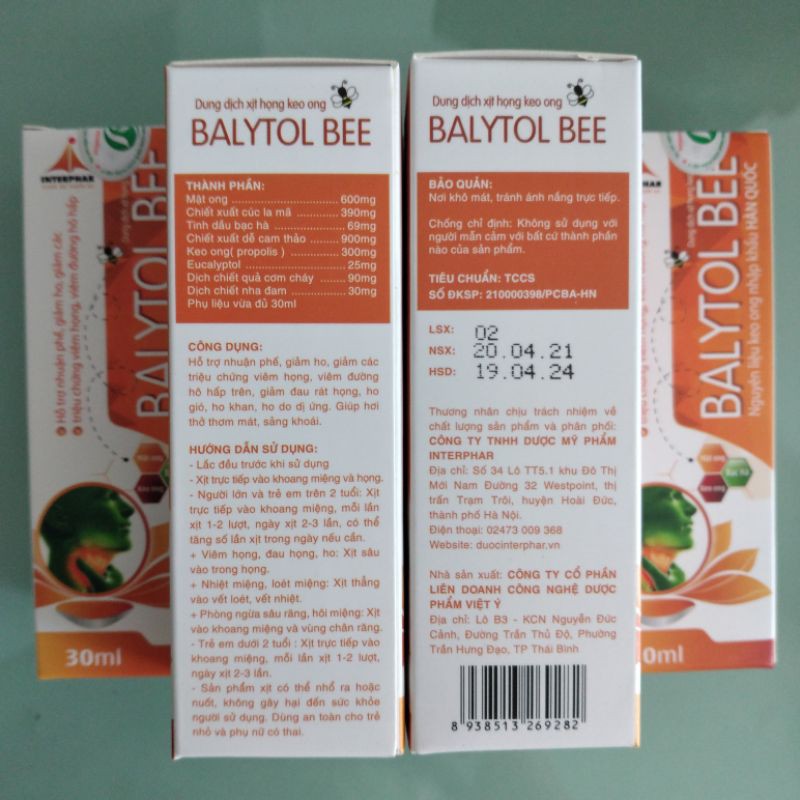 BALYTOL BEE dung dịch xịt họng chiết xuất keo ong lọ 30ml