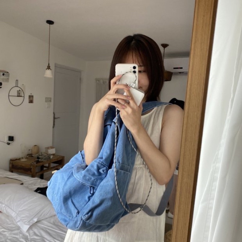 Balo màu jean trơn Basic chất Canvas mềm phong cách Ulzzang