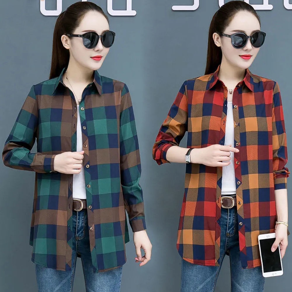 Áo sơ mi caro tay dài dáng rộng phong cách retro Hàn Quốc mới cho nữ