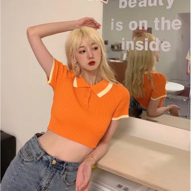 Áo croptop dệt kim ngắn tay có cổ thời trang mùa hè cho nữ