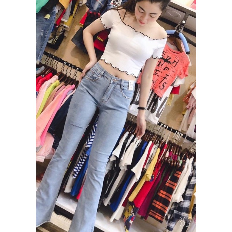 Quần jeans nữ ống loe dài lai tua rua mẫu mới kết hạt viền túi Đẹp Store 257