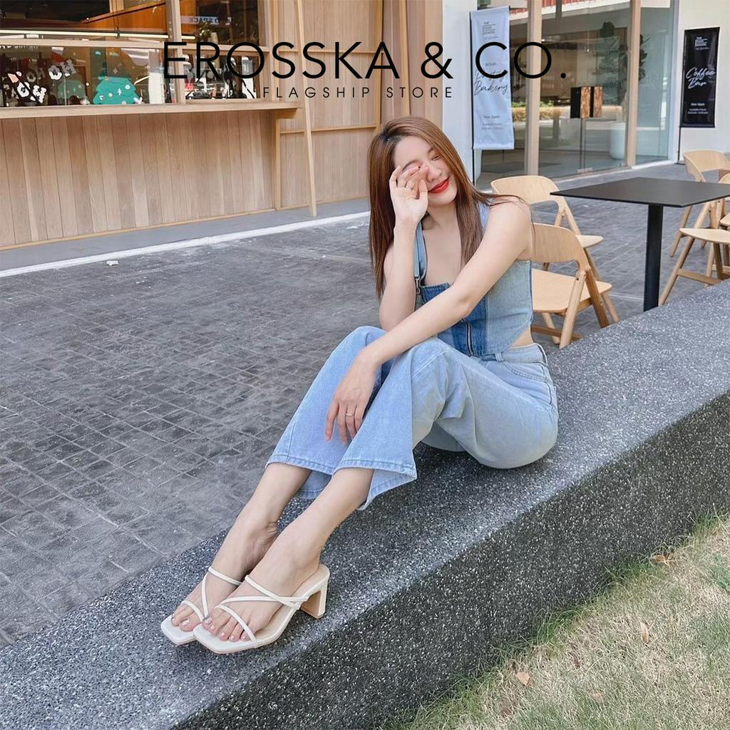 Erosska - Dép cao gót thời trang mũi vuông phối dây quai mảnh cao 8cm màu nâu - EM101