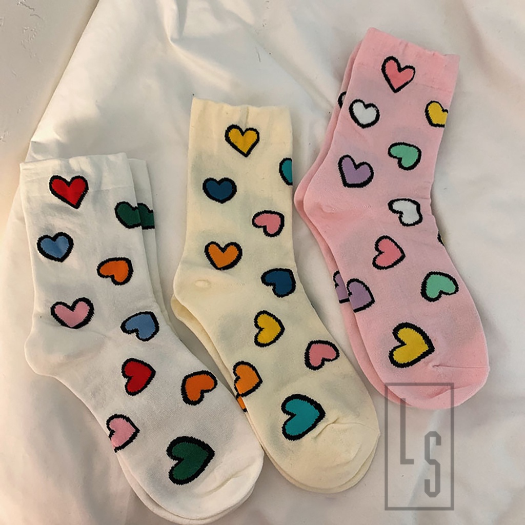 Vớ Cao Cổ Xuất Hàn Họa Tiết Tim Nhiều Màu - Tất Cao Cổ Họa Tiết Trái Tim