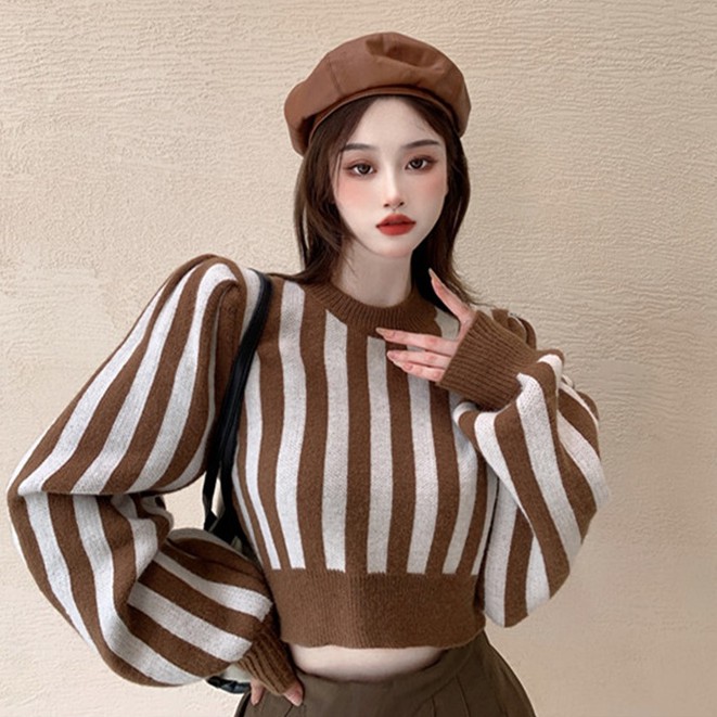 QADCOL Áo sweater dệt kim tay dài phồng họa tiết kẻ sọc nhiều màu sắc thời trang cho nữ