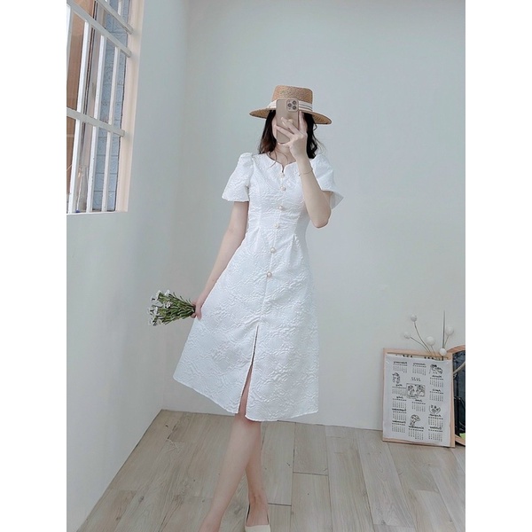 Đầm Váy Gấm Xốp Trắng Nút Ngọc Tay Phồng | Smide Clothing