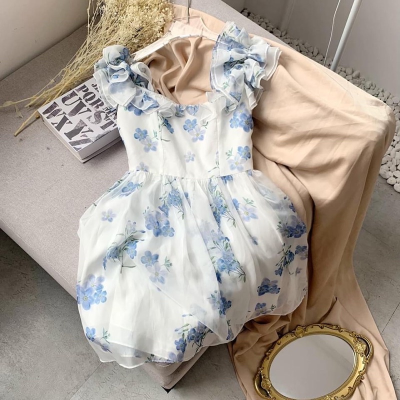 Đầm - Váy hoa xanh voan tơ trễ vai DRES6422