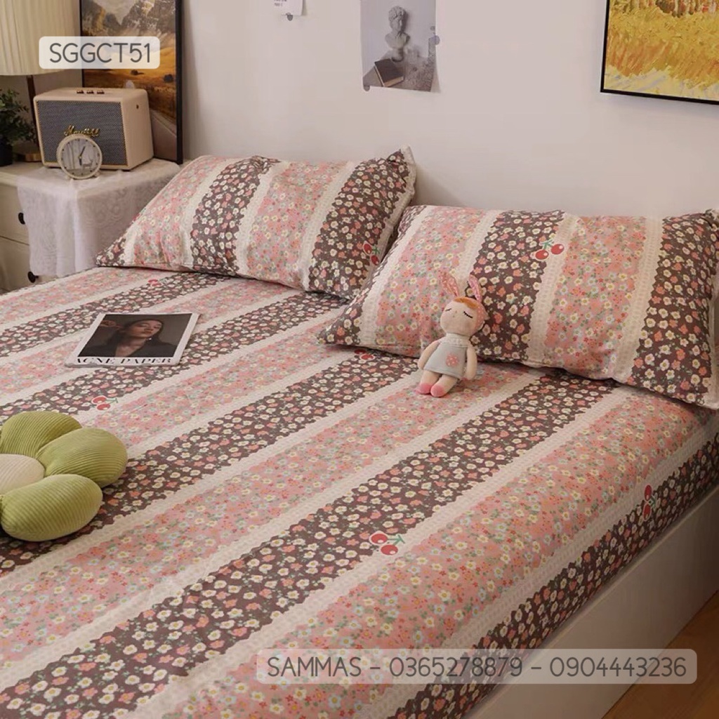 Ga Giường Cotton 100%, Ga Trải Giường 2 Vỏ Gối, Bộ Chăn Ga Gối 3 Món - Mẫu Hoa Nhí