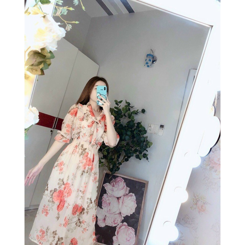 Đầm hoa nhí cột nơ tiểu thư  -video+hình thật