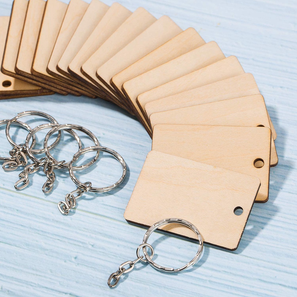 Set 60 Móc Khóa Hình Chữ Nhật Bằng Gỗ Có Thể Tùy Chỉnh DIY