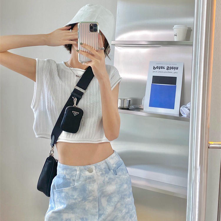 Xiaozhainv Áo croptop dệt kim sát nách màu trơn thời trang hè Hàn Quốc có 2 màu tùy chọn cho nữ