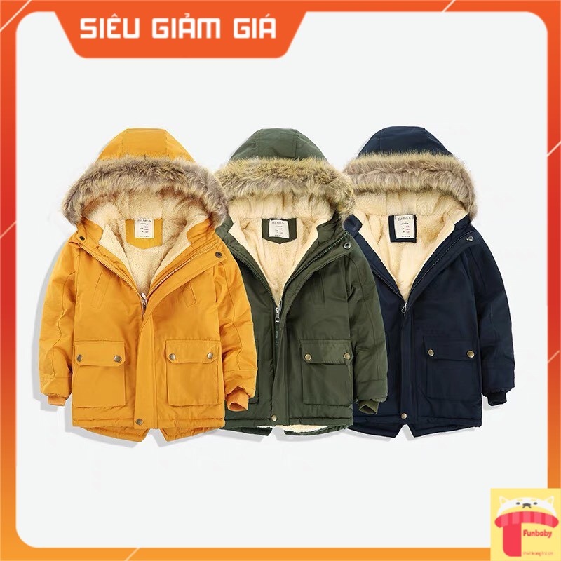 Áo parka bé trai lót lông 4-12 tuổi cúc đồng hàng xuất khẩu, Áo khoác cho bé mũ lông kiểu dáng khỏe khoắn thời trang