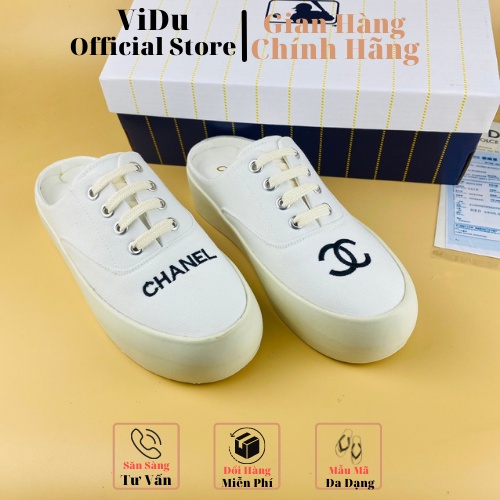 Giày sục nữ Chanel ViDu 3591 màu trắng đế bánh mì độn đế thời trang êm ái