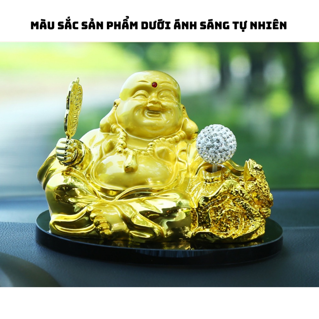 Tượng phật Di Lặc cầm quạt quả cầu xoay bằng năng lượng mặt trời trang trí taplo xe hơi, bàn làm việc, ban thờ