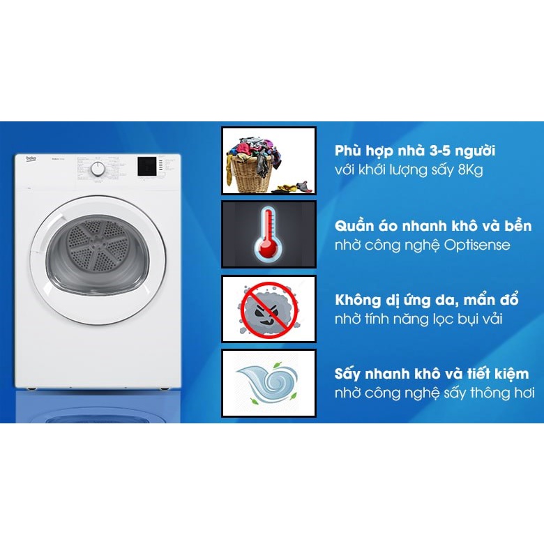 Máy sấy thông hơi Beko 8 Kg DA8112RX0W 2020 - Showroom Tivi TPHCM