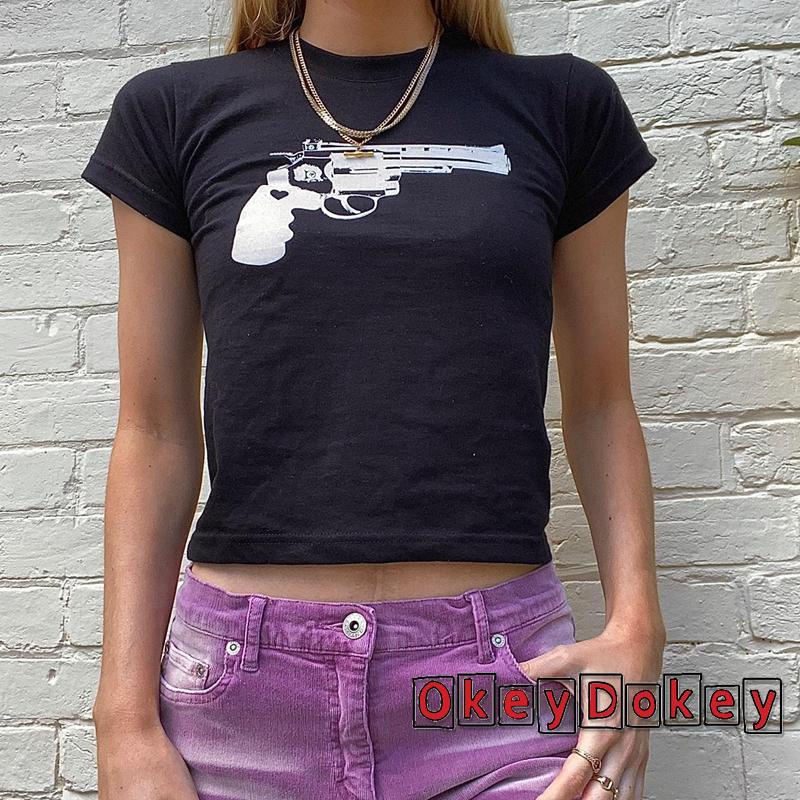 Áo Thun Croptop Cổ Tròn Tay Ngắn Dáng Ôm In Họa Tiết Thời Trang Mùa Hè Cho Nữ OKDK-y2k