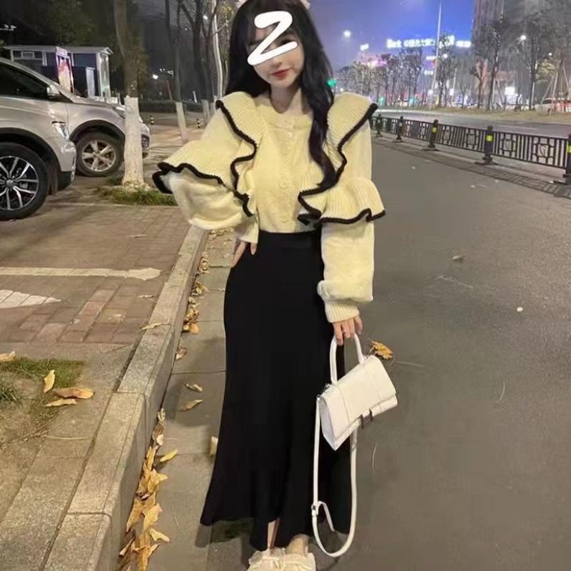 Yj27 Kuaishou Influencer Áo Sweater Dệt Kim Cổ Tròn Tay Phồng Phối Bèo Dáng Rộng + Quần Dài Vừa Hip-
