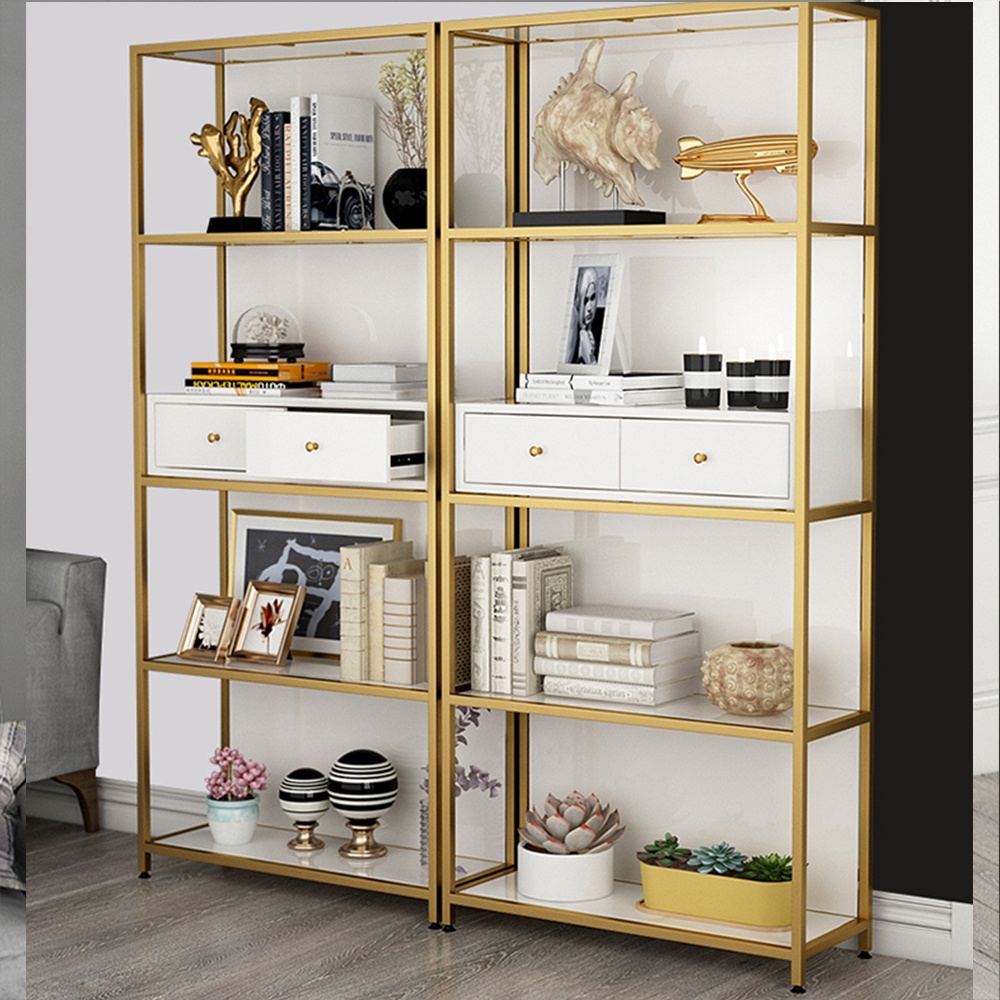 Kệ trưng bày trang trí 2 ngăn kéo trắng IBIE AK020 mặt gỗ, khung sắt sơn tĩnh điện, tùy chọn kích thước, màu sắc