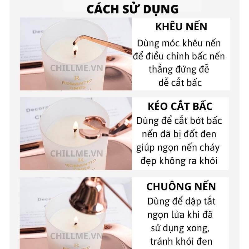 Bộ phụ kiện chăm sóc nến thơm cao cấp 3 món gồm khêu, chuông, kéo cắt bấc nến kim loại không gỉ chillme