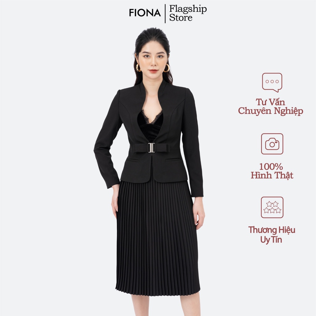 Áo vest cổ leo tay dài mặt đai mở kẹp nơ trang trí thân trước FIONA F651434