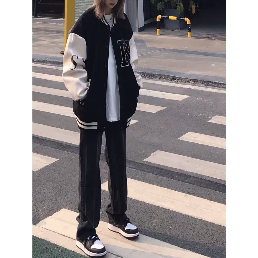 Áo khoác bomber nam nữ unisex thu đông K02 phối đen trắng, áo khoác unisex nam nữ 2 lớp phong cách Hàn Quốc vasity