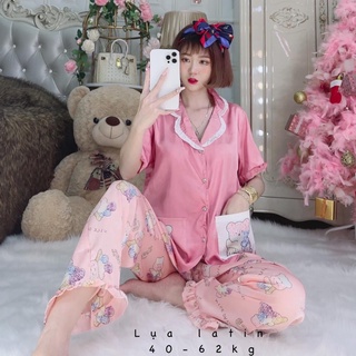 Đồ bộ pizama tay ngắn satin - latin lụa viền chữ