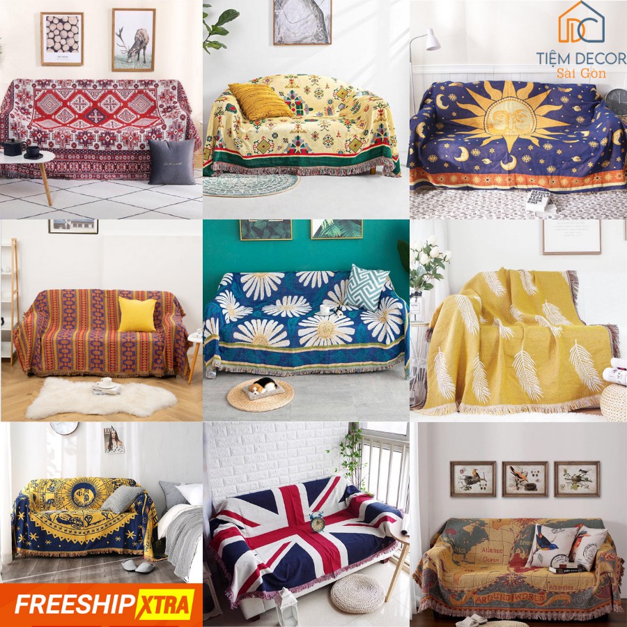 Thảm Dệt Cotton Vintage, Thảm Phủ Ghế Sofa, Làm Khăn Trải Bàn [FREESHIP]