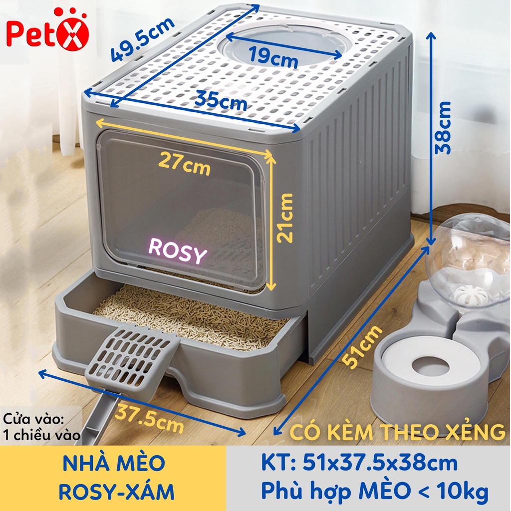Nhà vệ sinh cho mèo có ngăn kéo khép kín có cửa vào ra riêng chống văng cát kèm xẻng Boxy PetX
