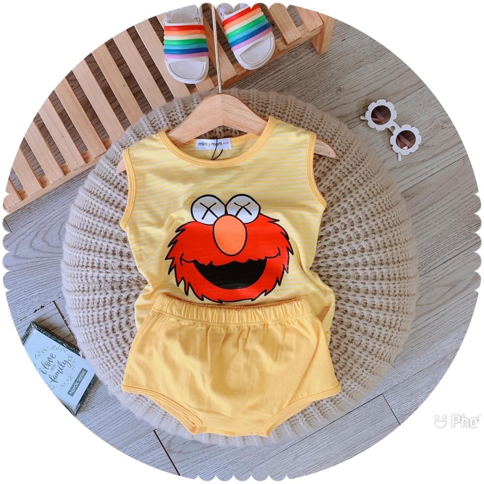 XẢ HÀNG Bộ quần áo ba lỗ in hình ngỗ nghĩnh, bộ quần áo sát nách Sesame Street dễ thương chất cotton 4c mịn mát