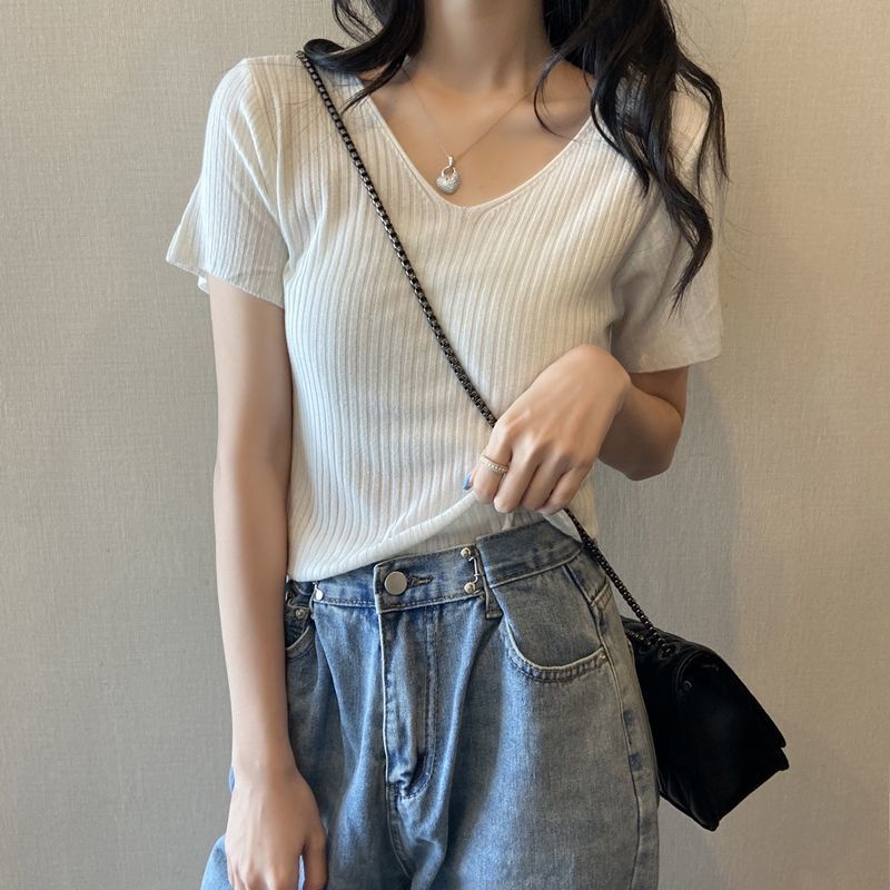 Fashion V-Neck Ice Silk Knitwear Versatile Slim Fit T-Shirt Ladies Tops